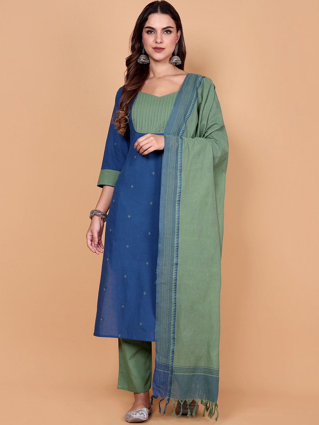 

Vastara the Label Printed Organic Cotton Straight Kurta With Trousers & Dupatta, Blue