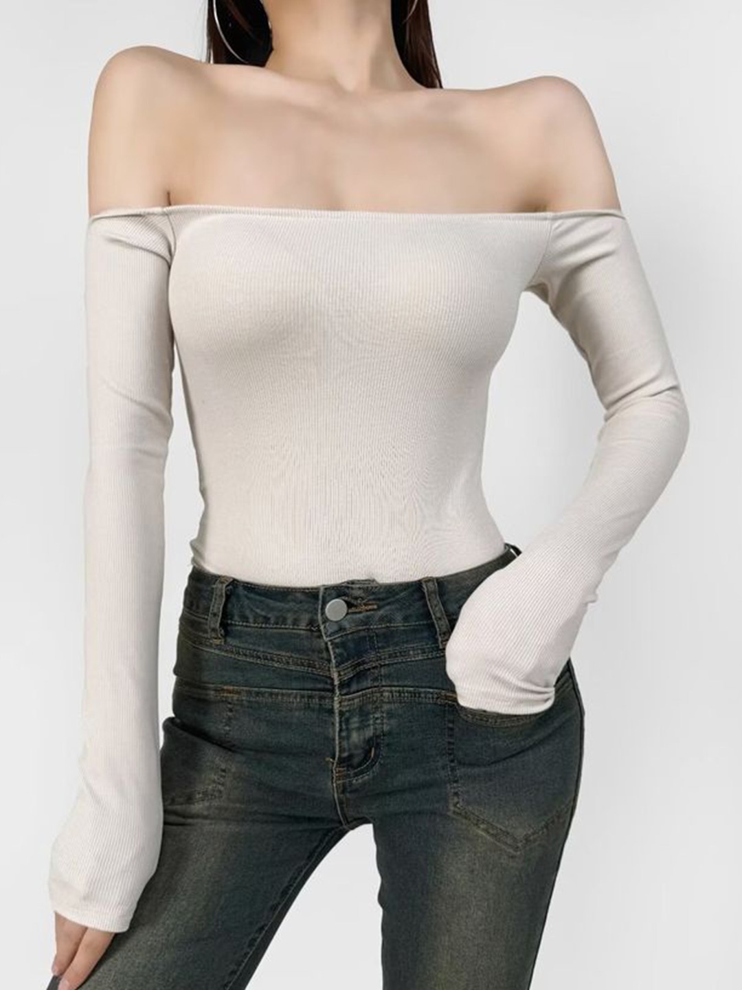 

LULU & SKY Ribbed Off-shoulder Bodysuit, Beige