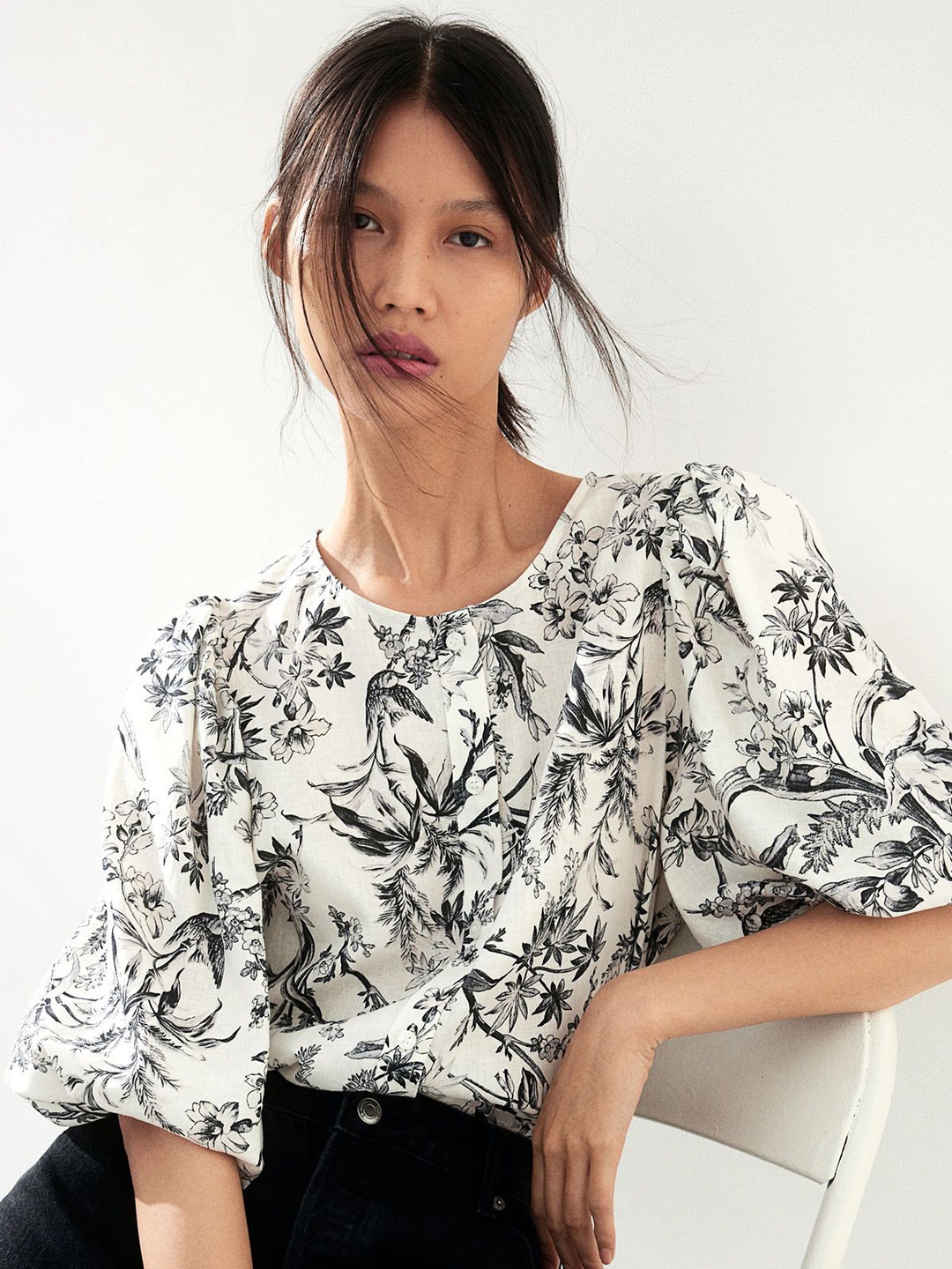 

H&M Women Printed Balloon Sleeve Tops, White