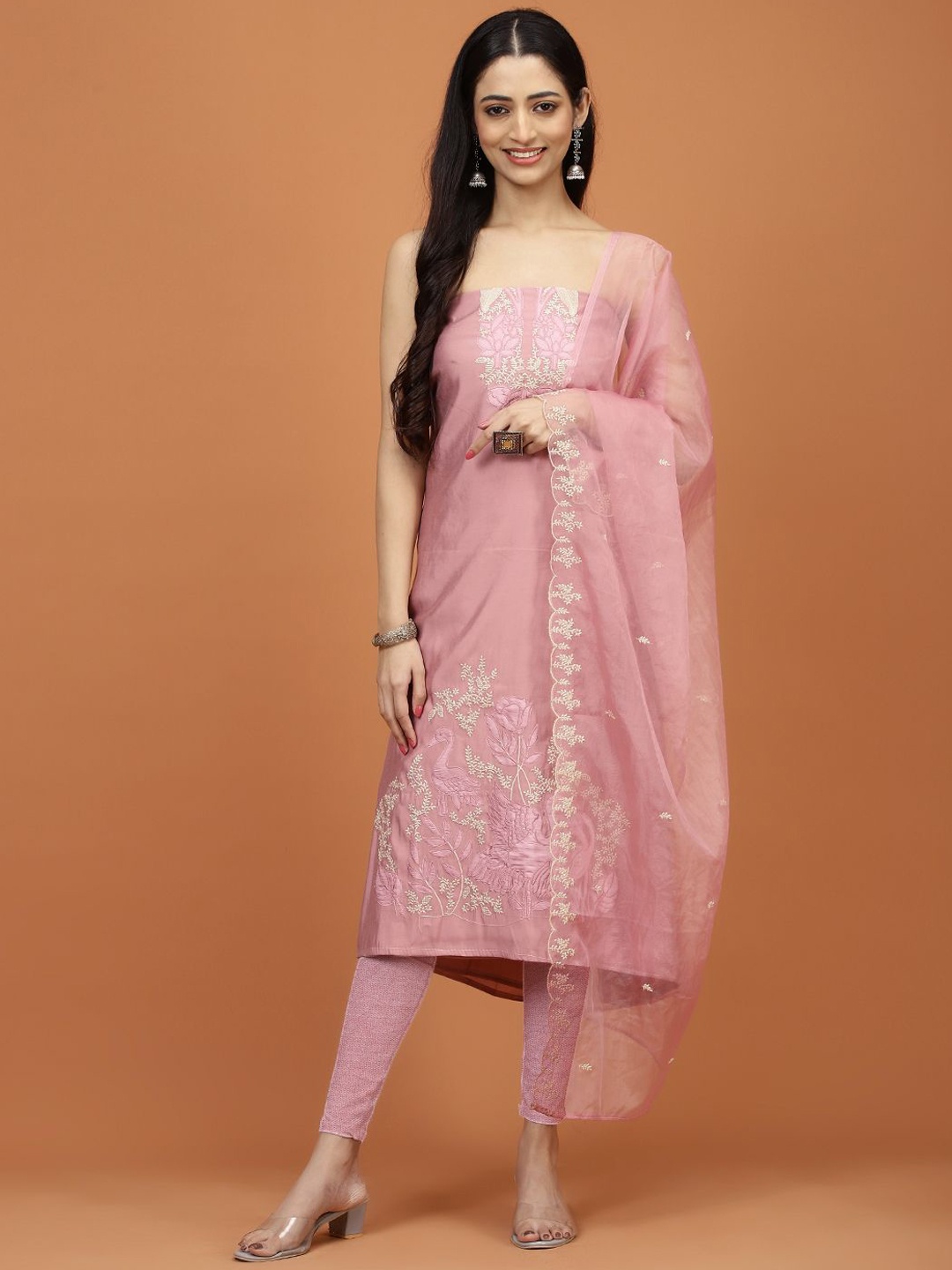 

Meena Bazaar Floral Embroidered Unstitched Dress Material, Pink