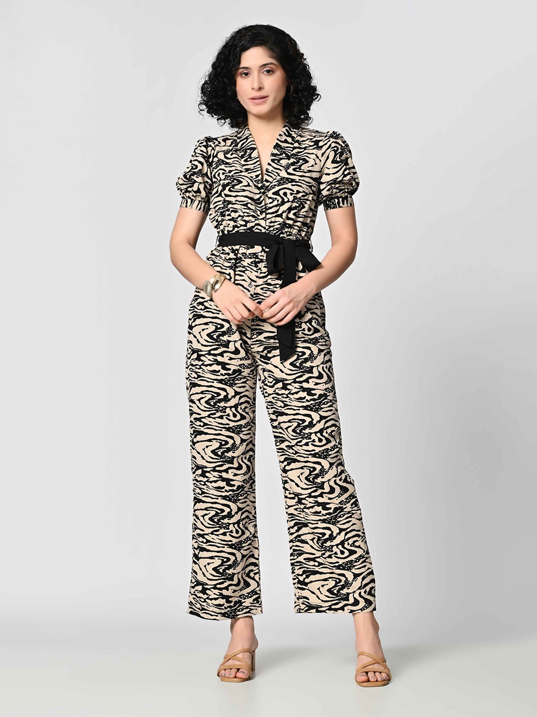 

BAESD Women Shawl Neck Animal Printed Basic Jumpsuit, Cream