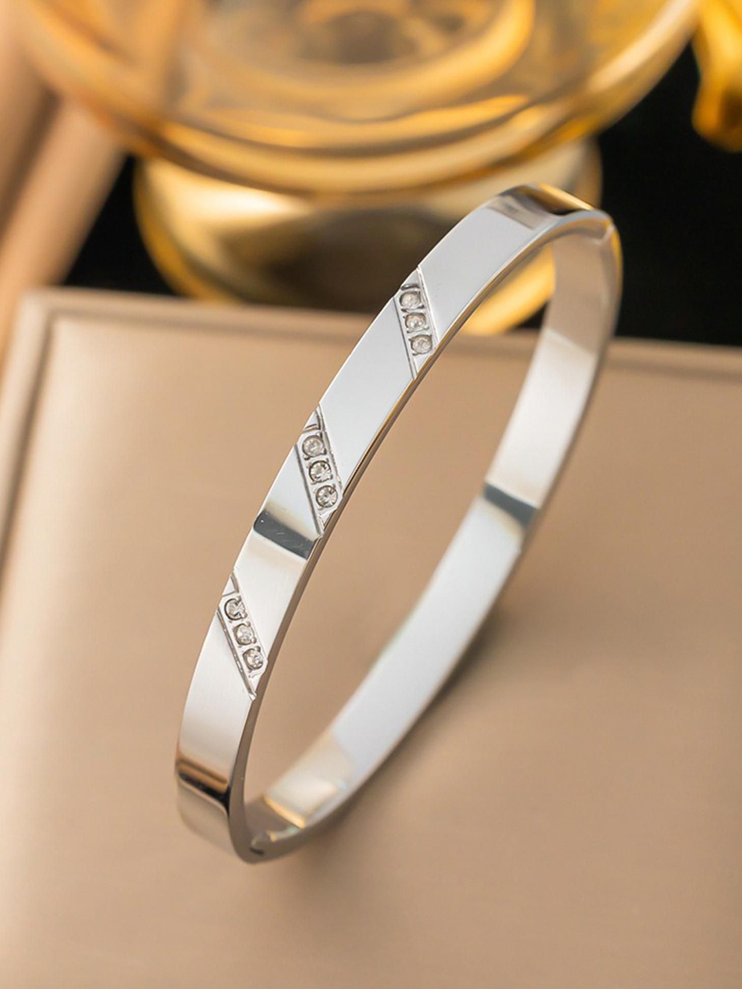 

MYKI Stainless Steel Stone Studded Kada Bracelet, Silver