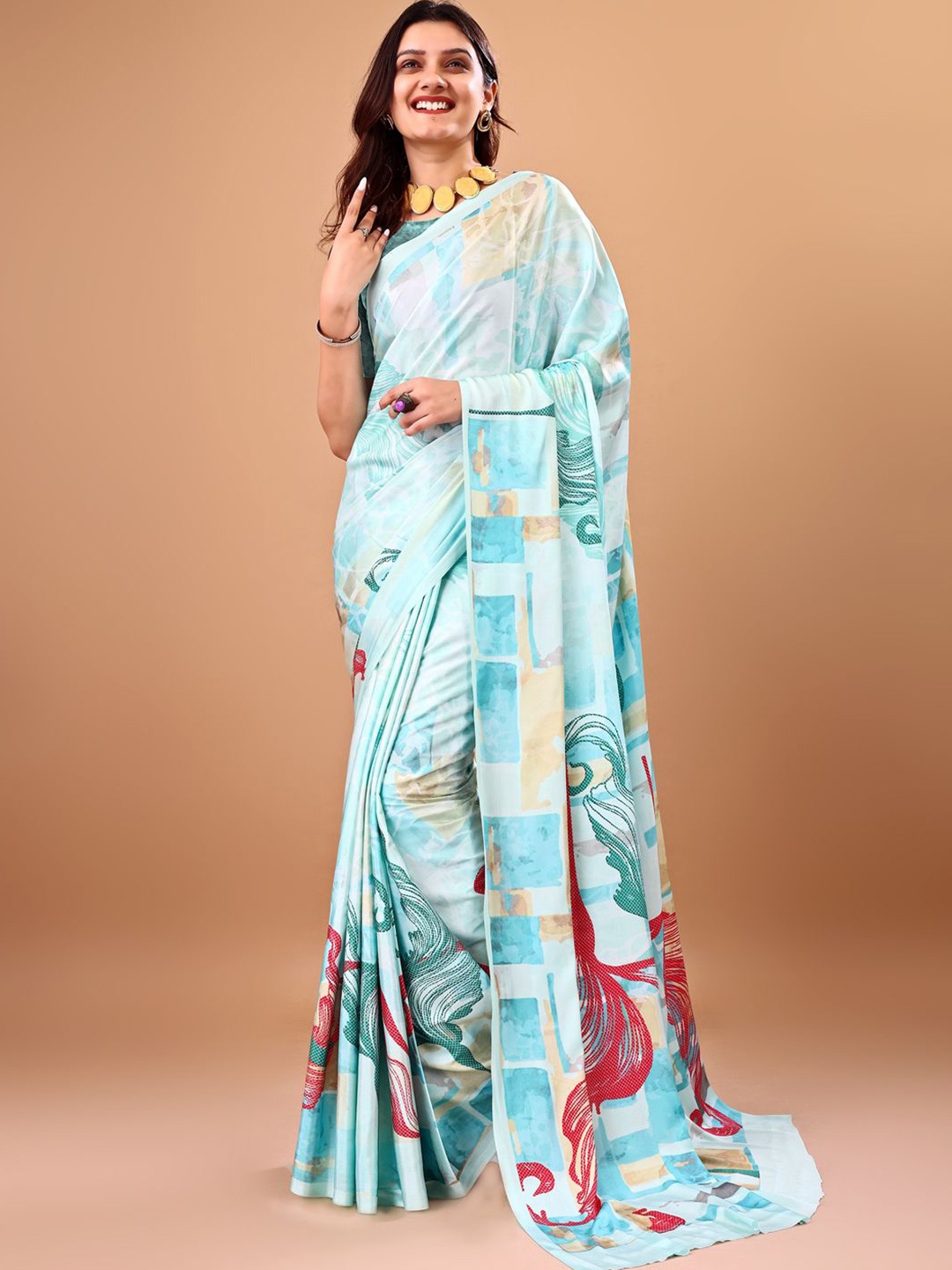 

Avyay Creation Printed Georgette Banarasi Saree With Printed Blouse Pcs, Turquoise blue