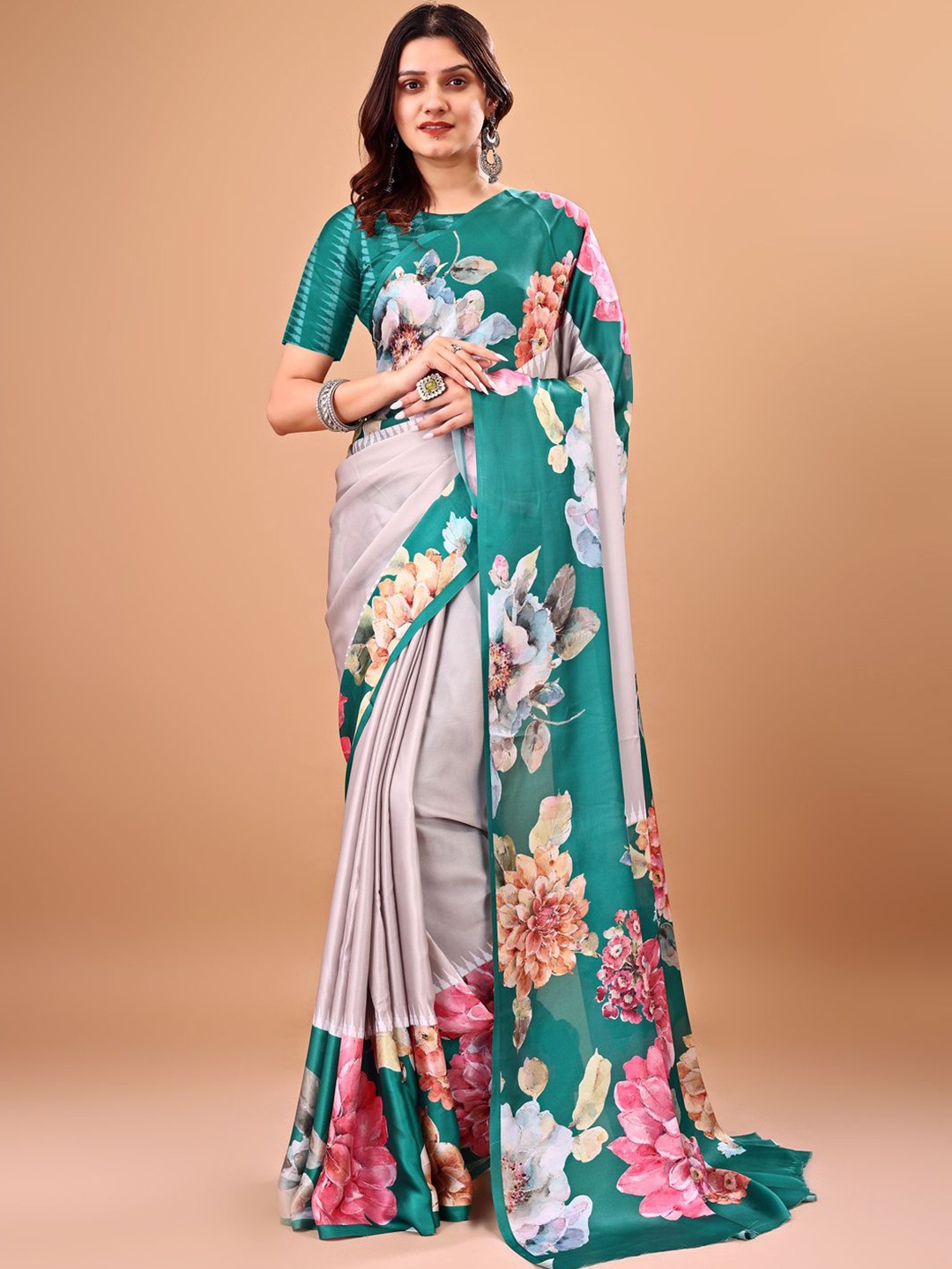 

Avyay Creation Floral Printed Georgette Banarasi Saree, Green