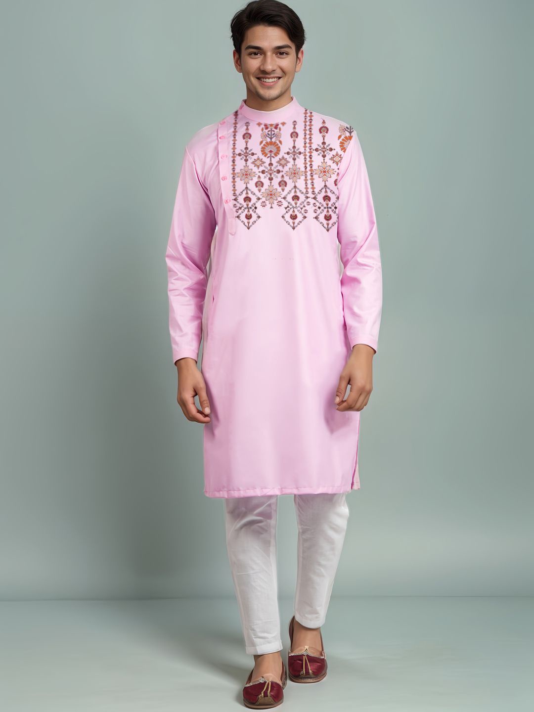 

DEVOILER Floral Printed Mandarin Collar Cotton Straight Kurta, Pink