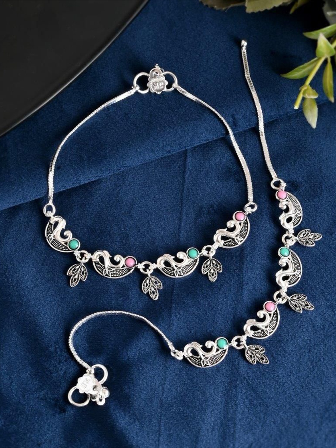 

VOJ Set Of 2 Silver-Plated Stainless Steel Meenakari Artificial Stones Studded Anklets