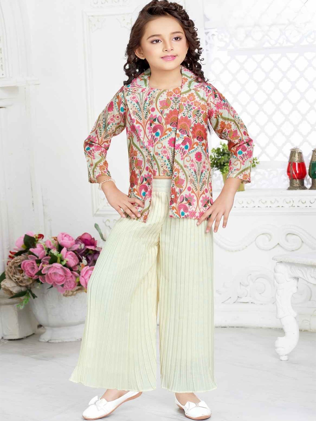 

Lagorii Girls Printed Top with Trousers & Overcoat, Pink