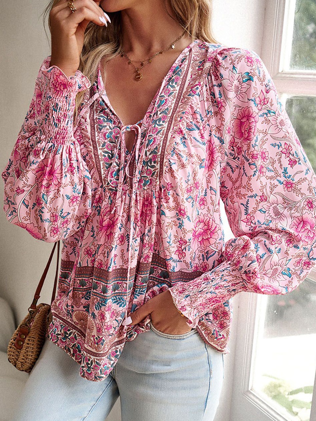 

StyleCast Women Floral Printed Tie-Up Neck Bell Sleeve Top, Pink