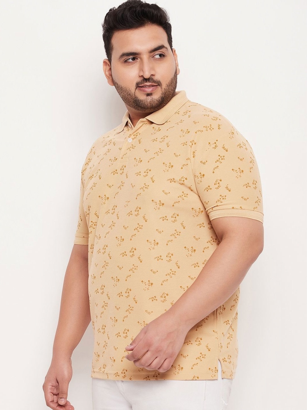 

GET GOLF Men Plus Size Graphic Printed Polo Collar Cotton T-shirt, Beige