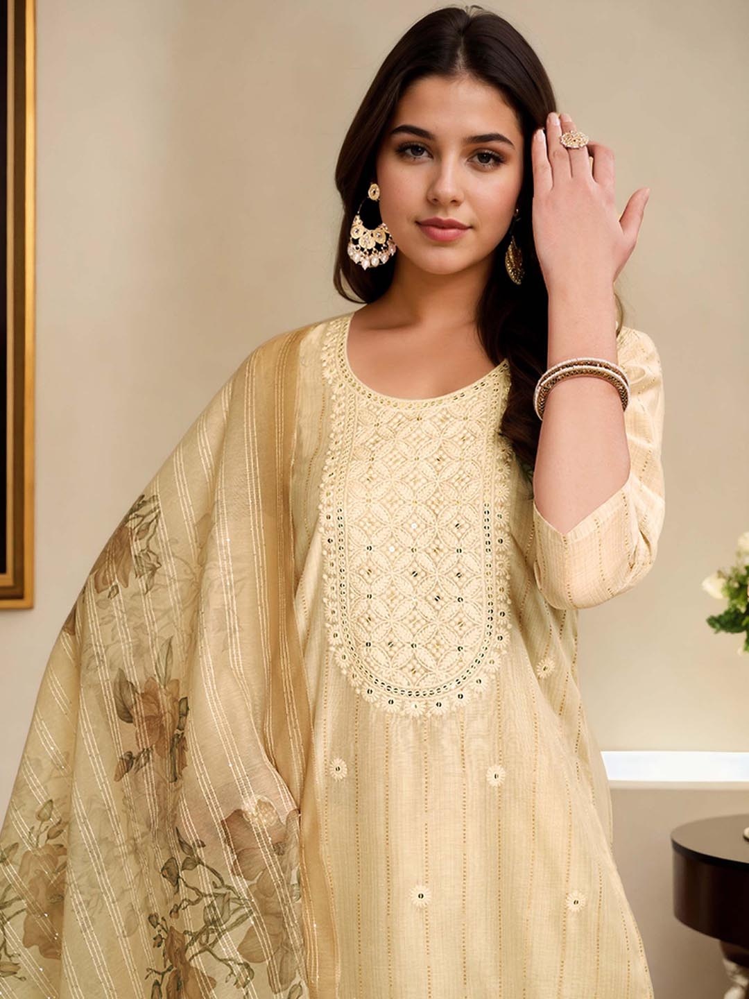 

Anouk Cream-Coloured Embroidered Chanderi Cotton Straight Kurta With Trouser & Dupatta