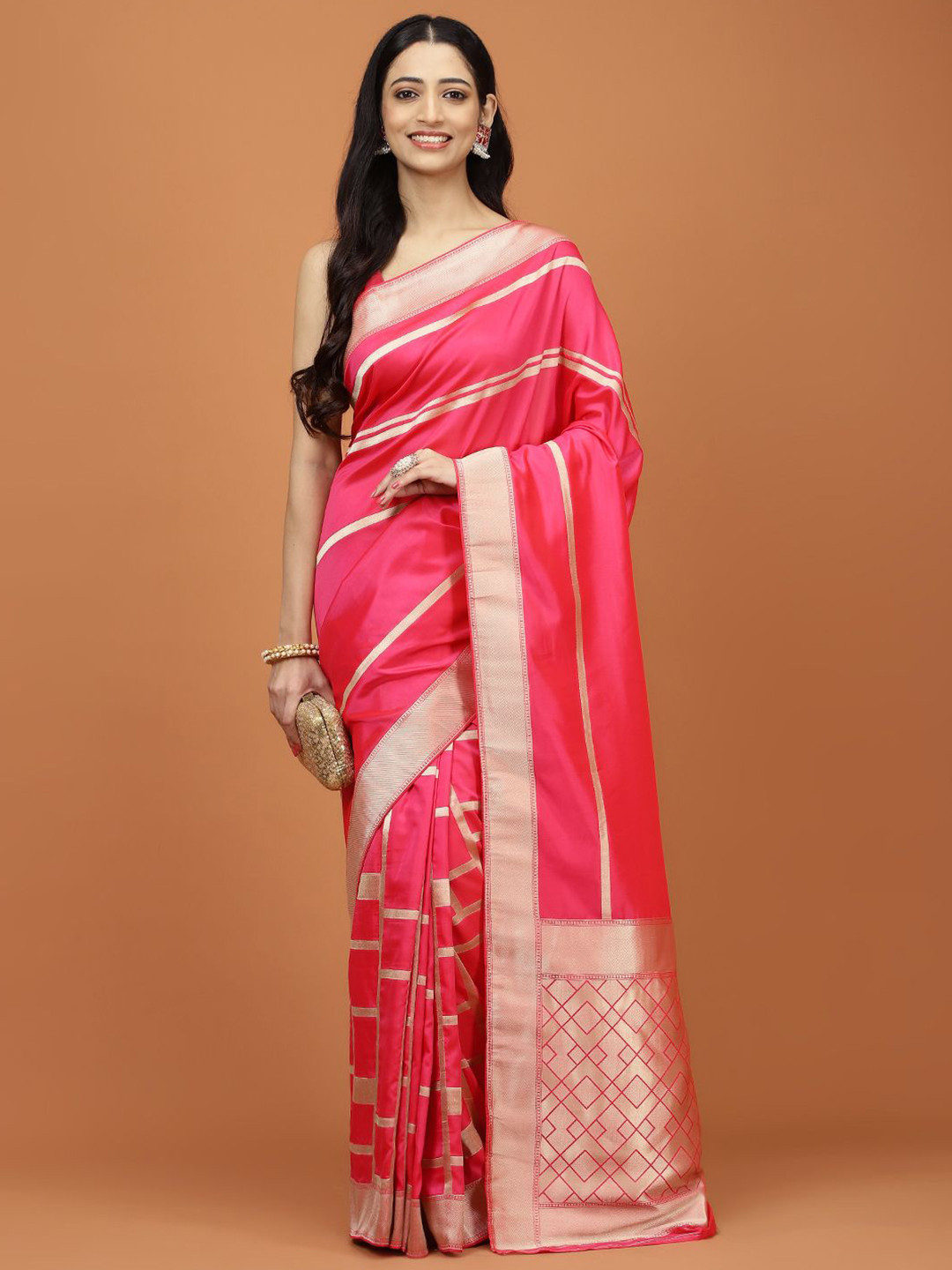 

Meena Bazaar Striped Woven design Zari Banarasi Saree, Pink