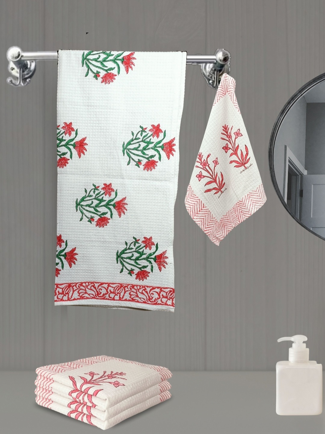 

LIVING ROOTS White 5 Pieces Block Printed 210 GSM Waffle Cotton Soft & Absorbent Towel Set