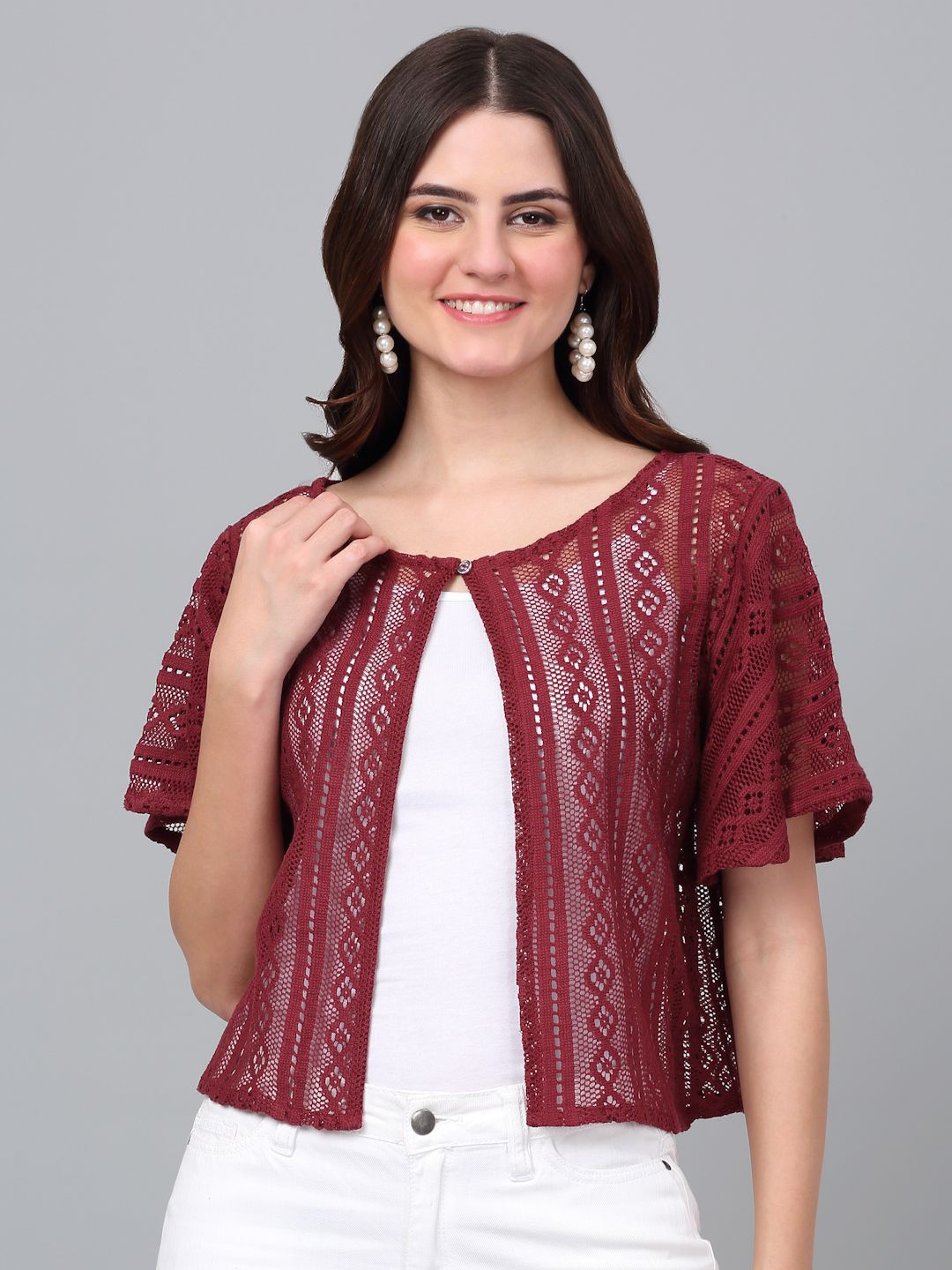 

Dressitude Self Design Button Closure Cotton Shrug, Burgundy