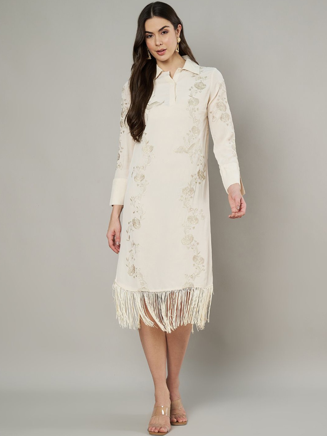 

Amagyaa Women Long Sleeves Embroidered Fringed Sheath Midi Dress, Cream