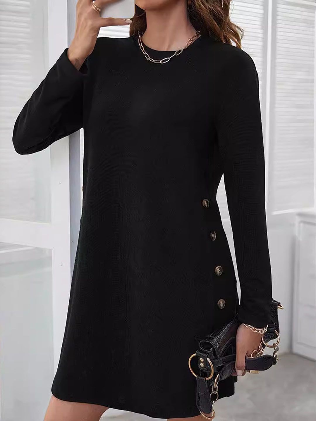 

StyleCast Women Round Neck Long Sleeves A-Line Dress, Black