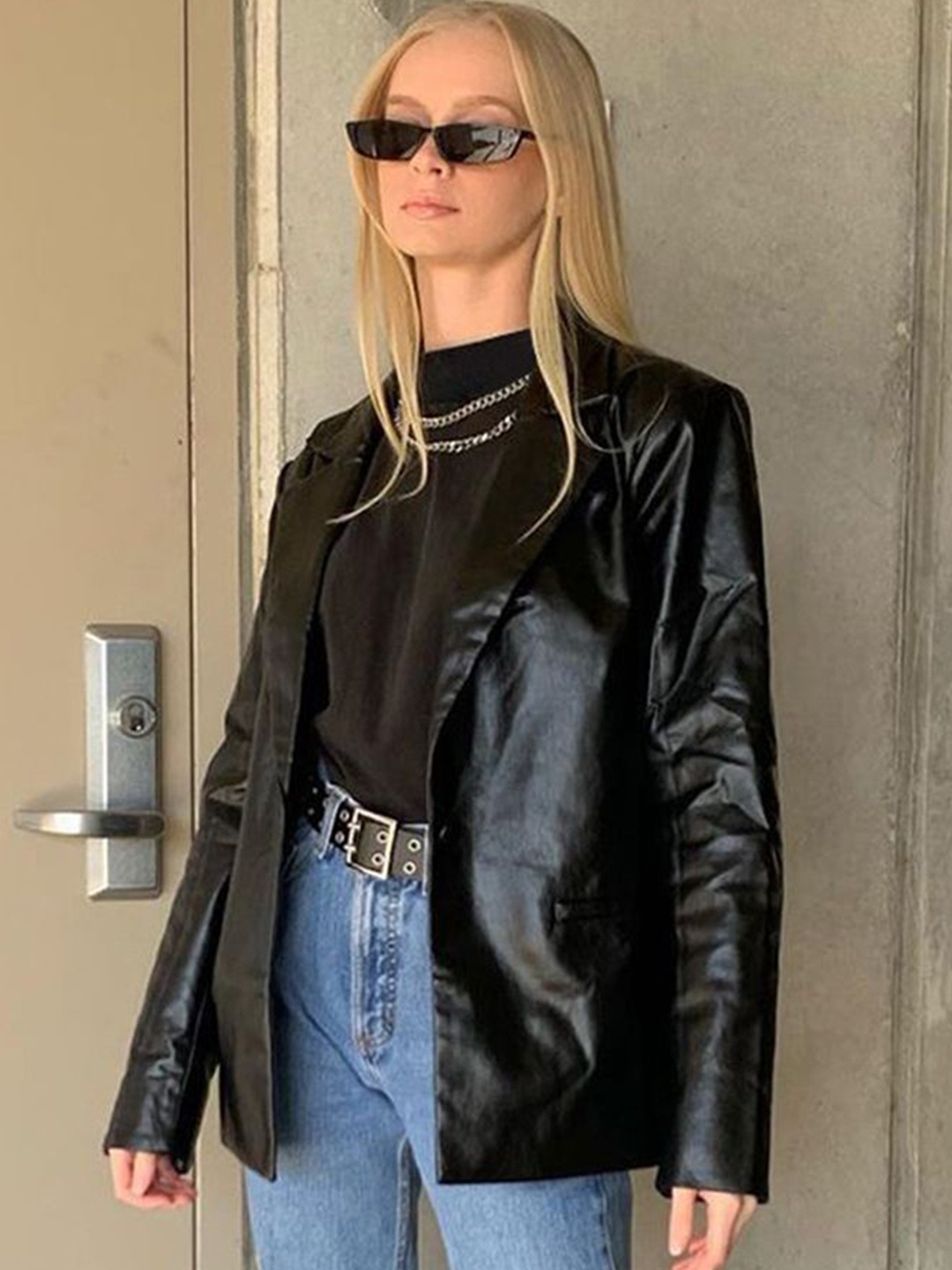 

LULU & SKY Women Lapel Collar Solid Casual Leather Jacket, Black