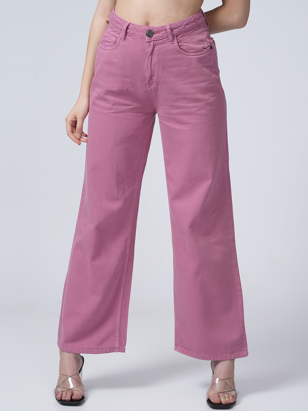 

URBAN POCHE Women Wide Leg High-Rise Cotton Jeans, Pink