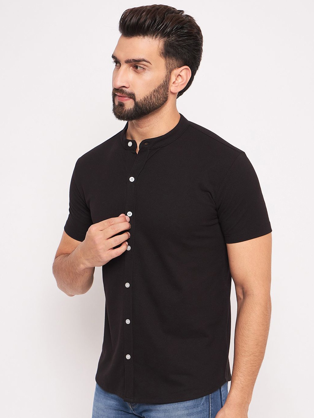 

GET GOLF Men Band Collar Solid Cotton Casual Shirt, Black