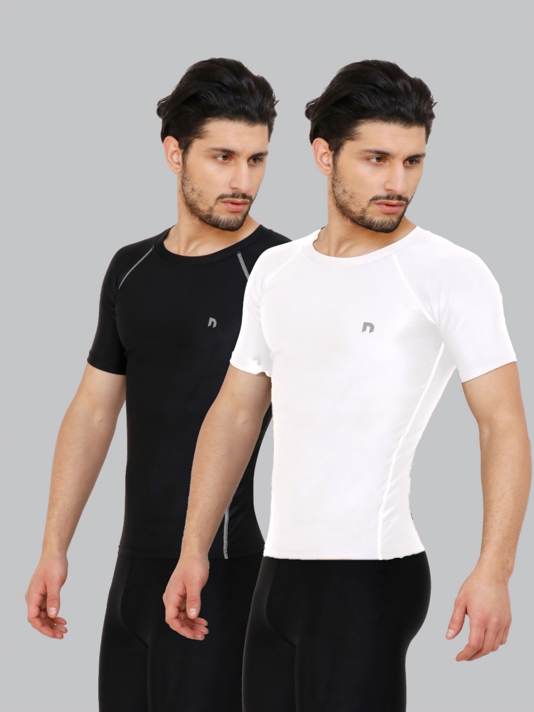 

NEVER LOSE Men Pack Of 2 Solid Round Neck Compression T-shirts, Black