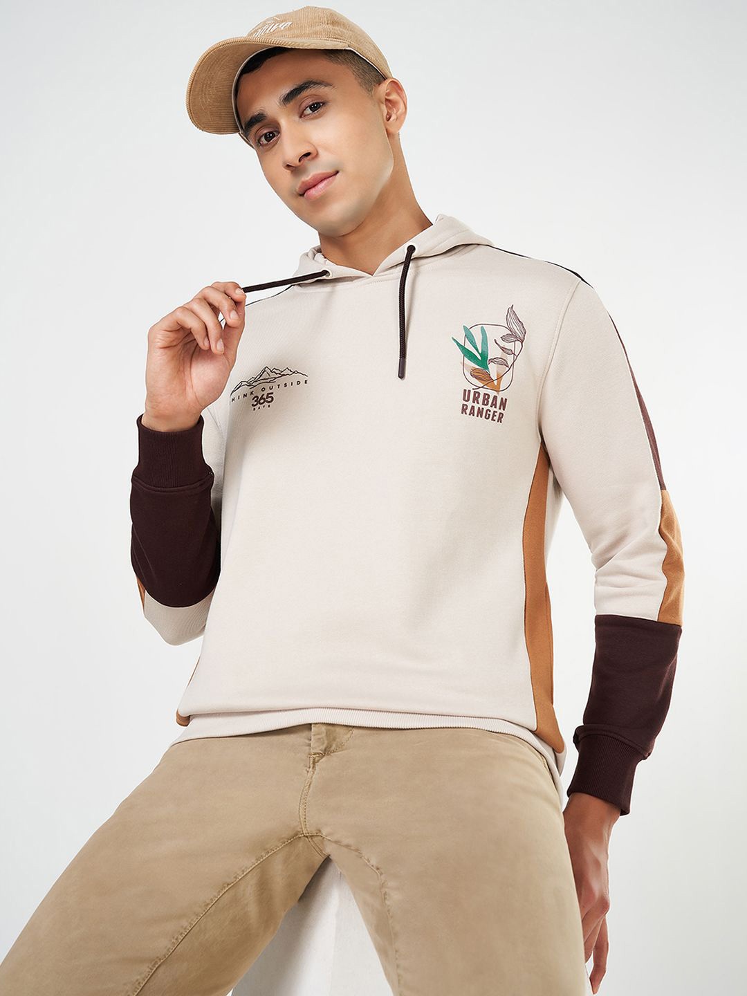 

Urban Ranger by pantaloons Men Cotton Hooded Neck Pullover Sweatshirt, Beige