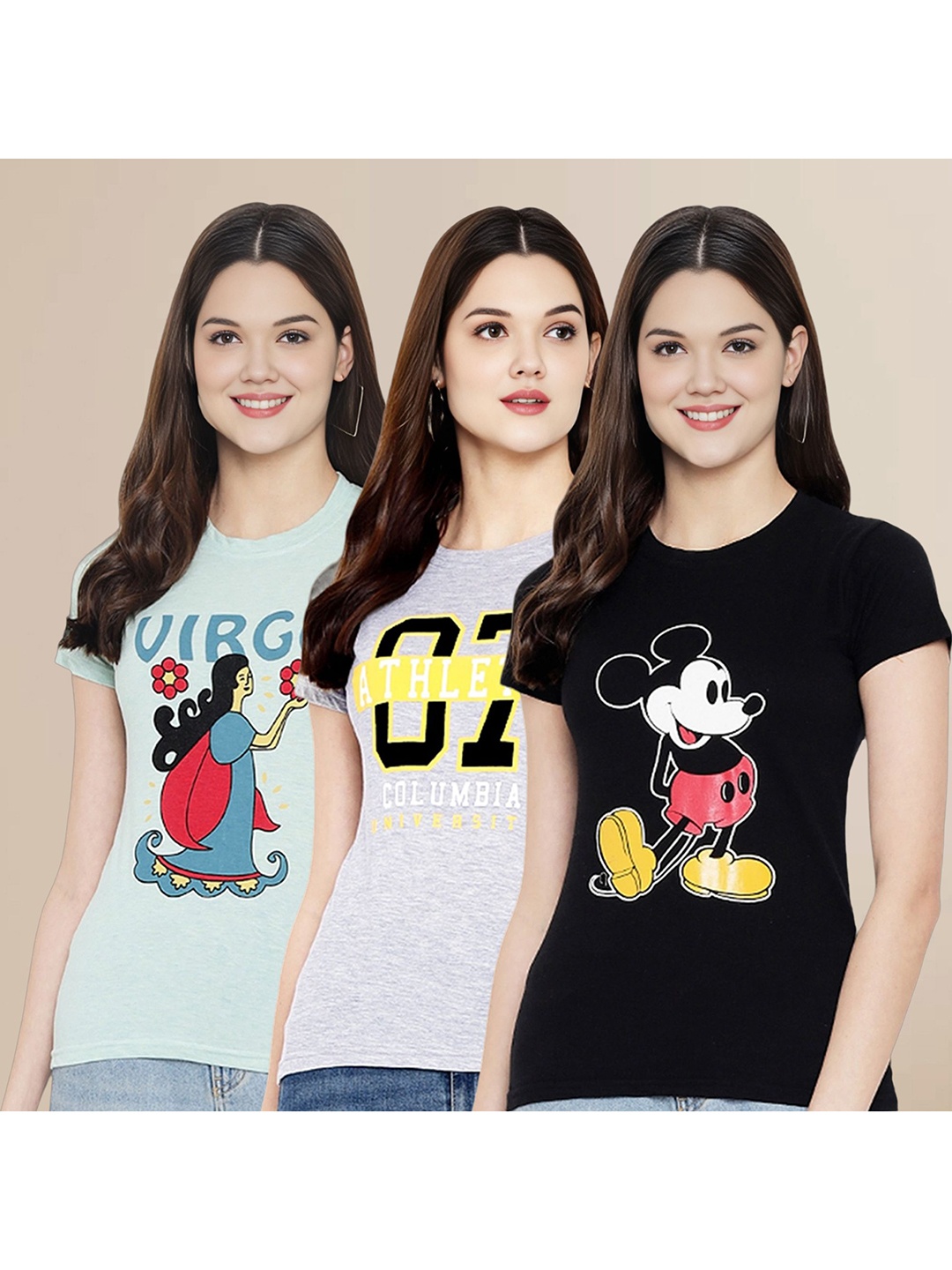 

Metronaut Women Pack Of 3 Typography Printed Round Neck Cotton Mickey Mouse T-shirts, Sea green
