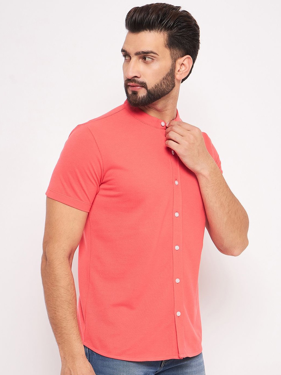 

GET GOLF Men Band Collar Solid Cotton Casual Shirt, Coral