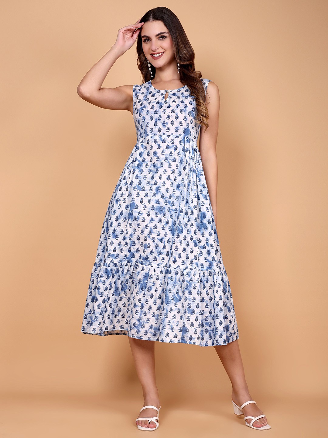 

Vastara the Label Women Cotton Floral Printed Fit & Flare Midi Dress, White
