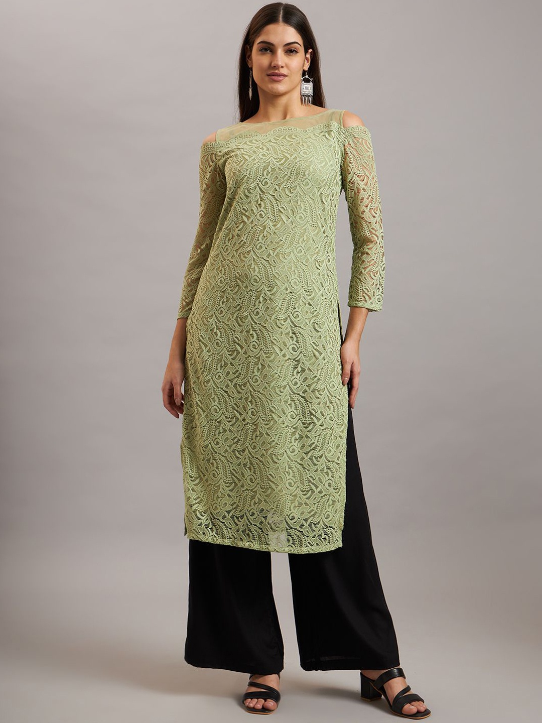 

Ojjasvi Ethnic Motifs Embroidered Cold-Shoulder Sleeves Net Regular Straight Kurta, Green