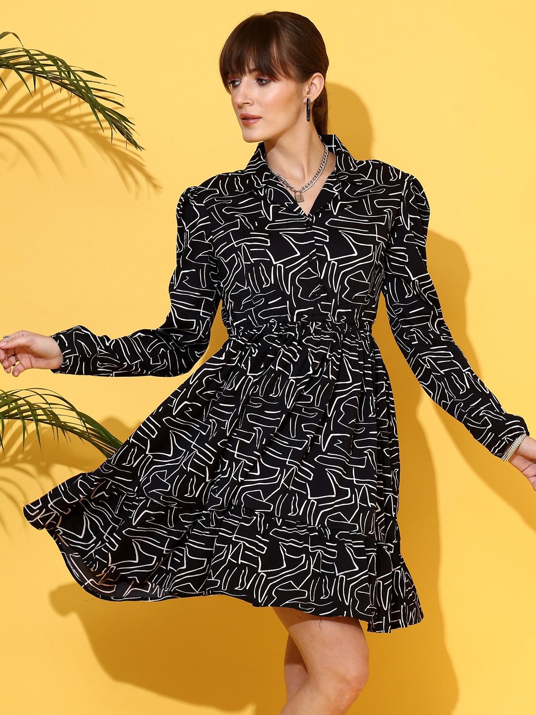 

SHEETAL Associates Women Print Crepe Shirt Dress, Black