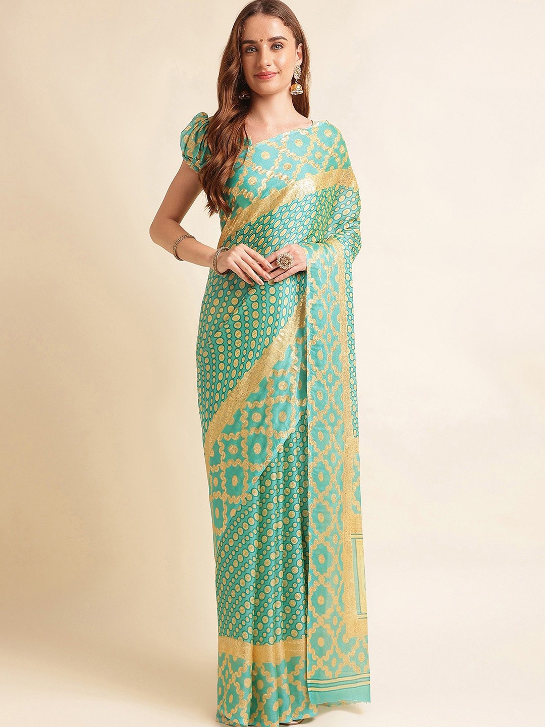 

DIVASTRI Woven Design Pure Silk Designer Leheriya Saree, Teal