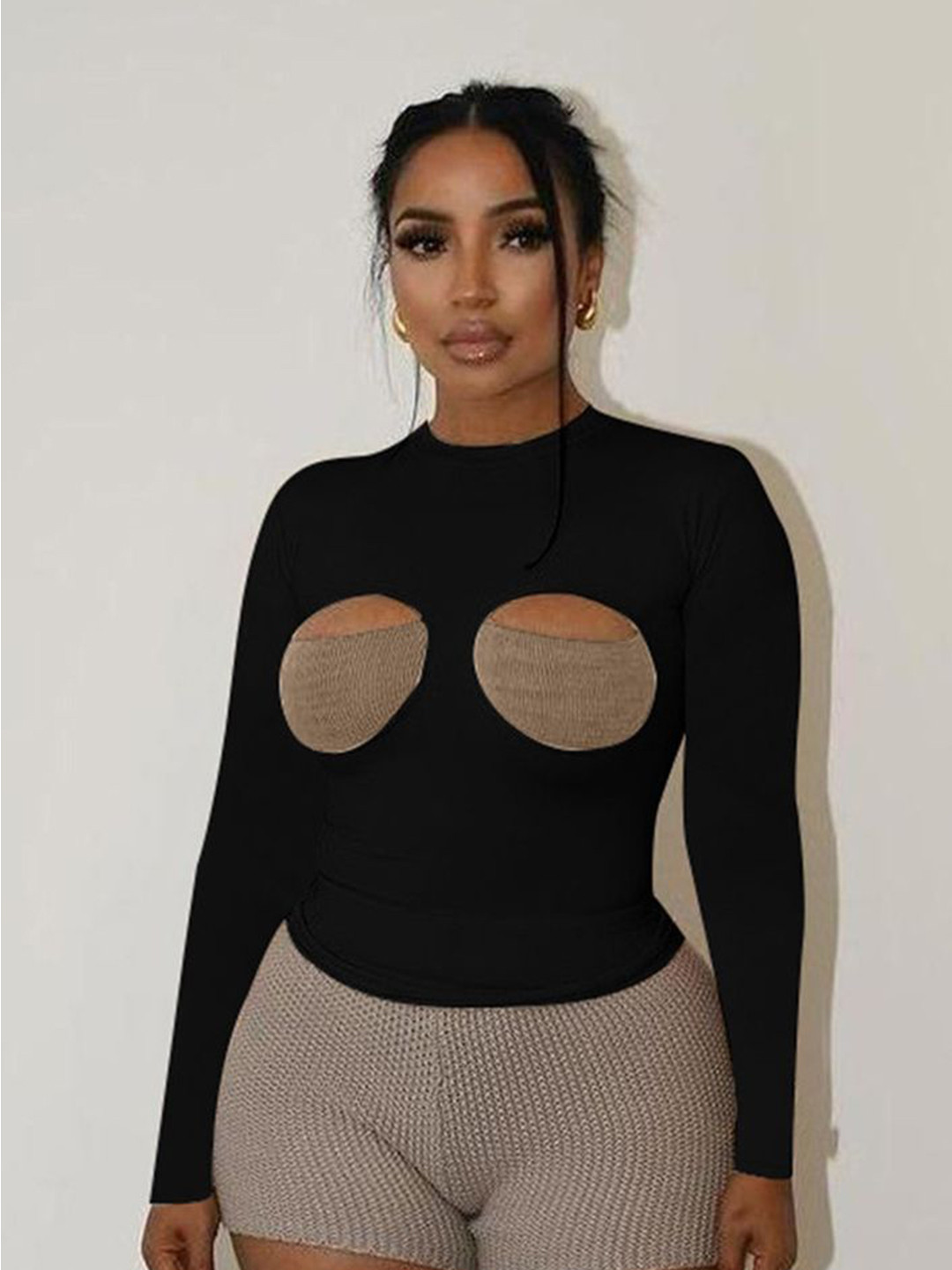 

LULU & SKY Women Contrast Mesh Cup Cut-out Fitted Top, Black