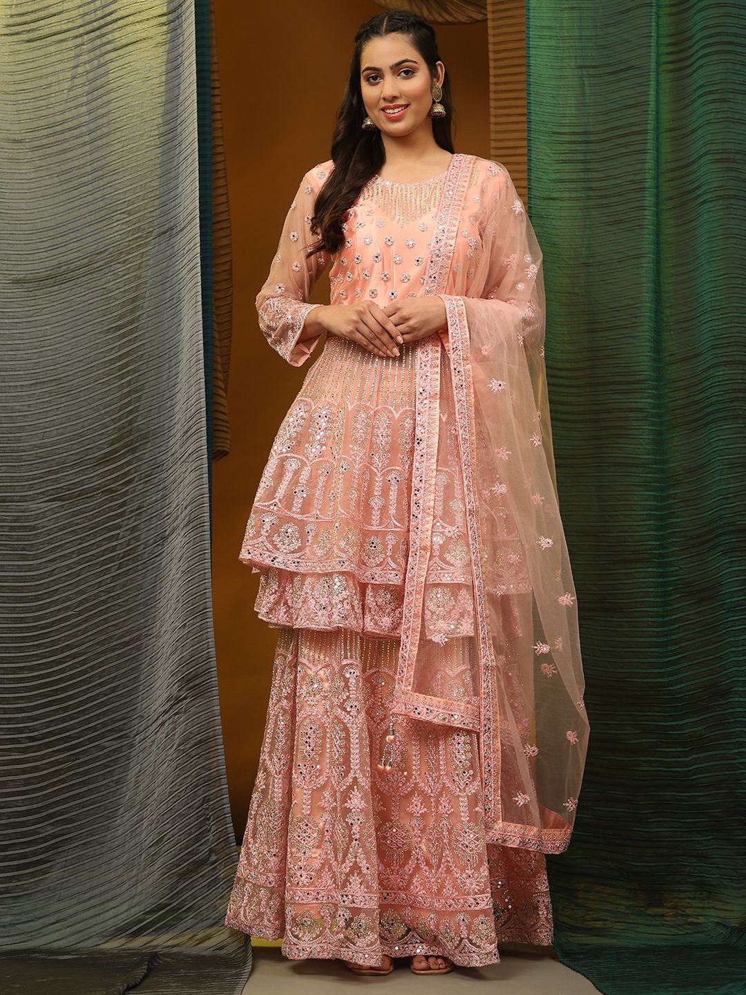 

VANAKARA Embroidered Mirror Work Ready to Wear Lehenga & Blouse With Dupatta, Peach