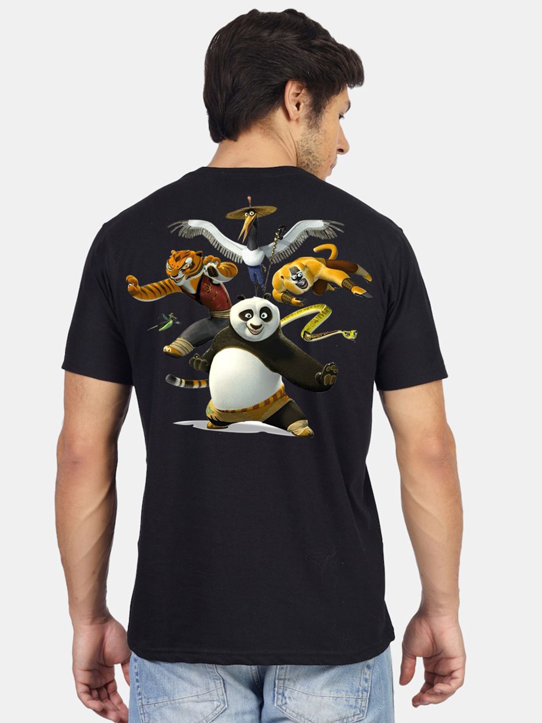 

Greylongg Men Graphic Printed Round Neck Cotton Kung Fu Panda T-shirt, Black