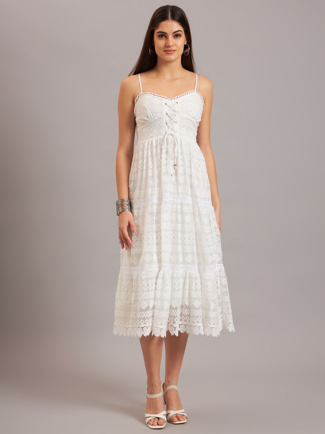 

Eavan Women Self Design Embroidered Fit and Flare Midi Dress, White