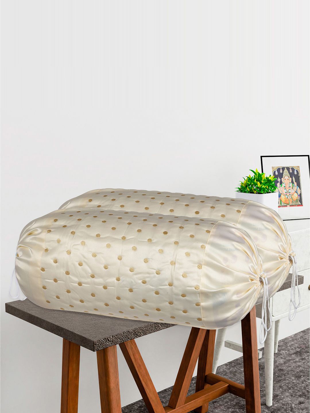 

Kuber Industries Cream & Gold Toned 6 Pieces Polka Dots Woven Design Bolster Covers