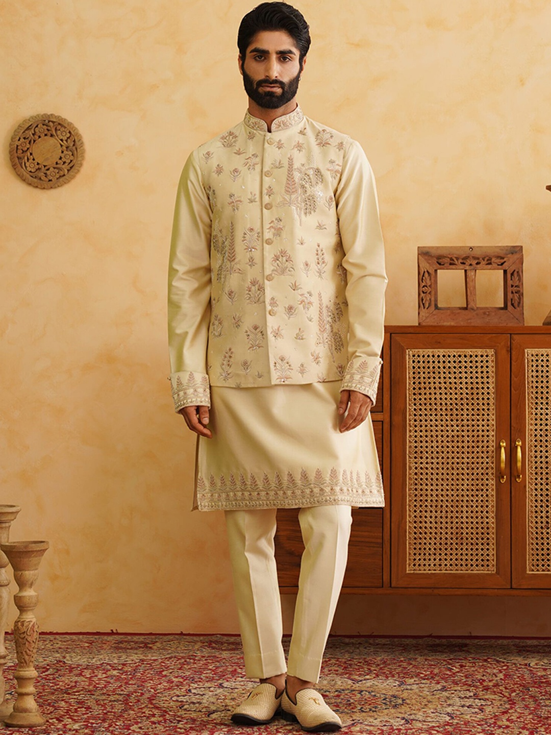 

Denis Parkar Floral Embroidered Beads and Stones Kurta With Pyjama & Waistcoat, Cream