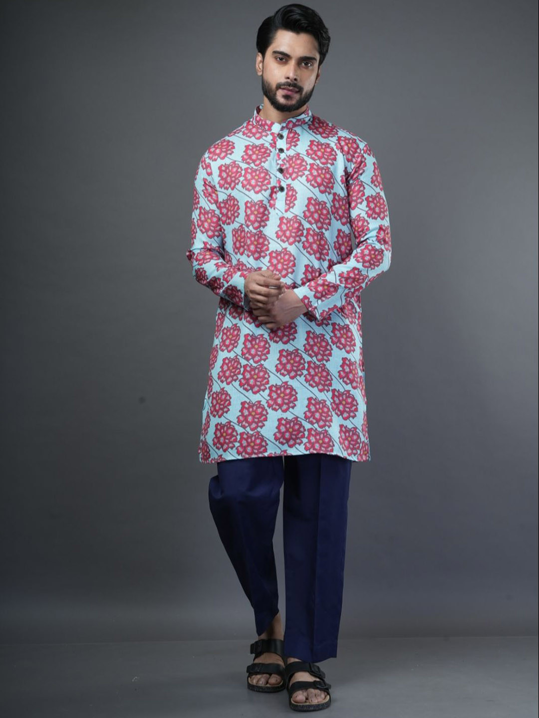 

ARYA Floral Printed Mandarin Collar Linen Straight Kurta, Blue