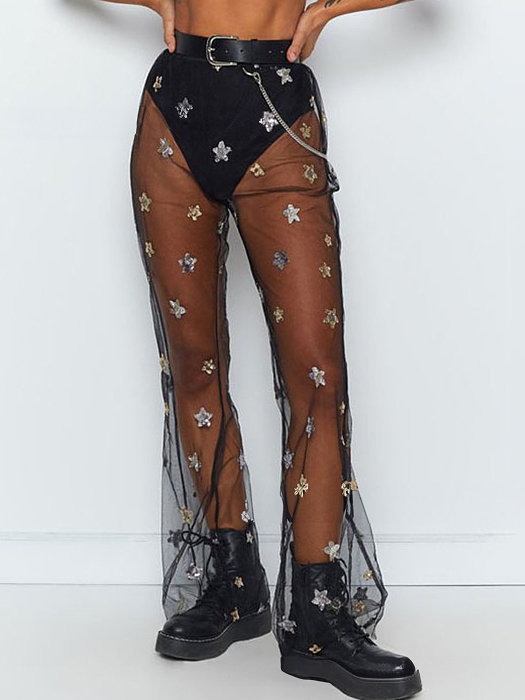 

LULU & SKY Women Printed Straight Fit Embellished High-Rise Sheer Trousers, Black