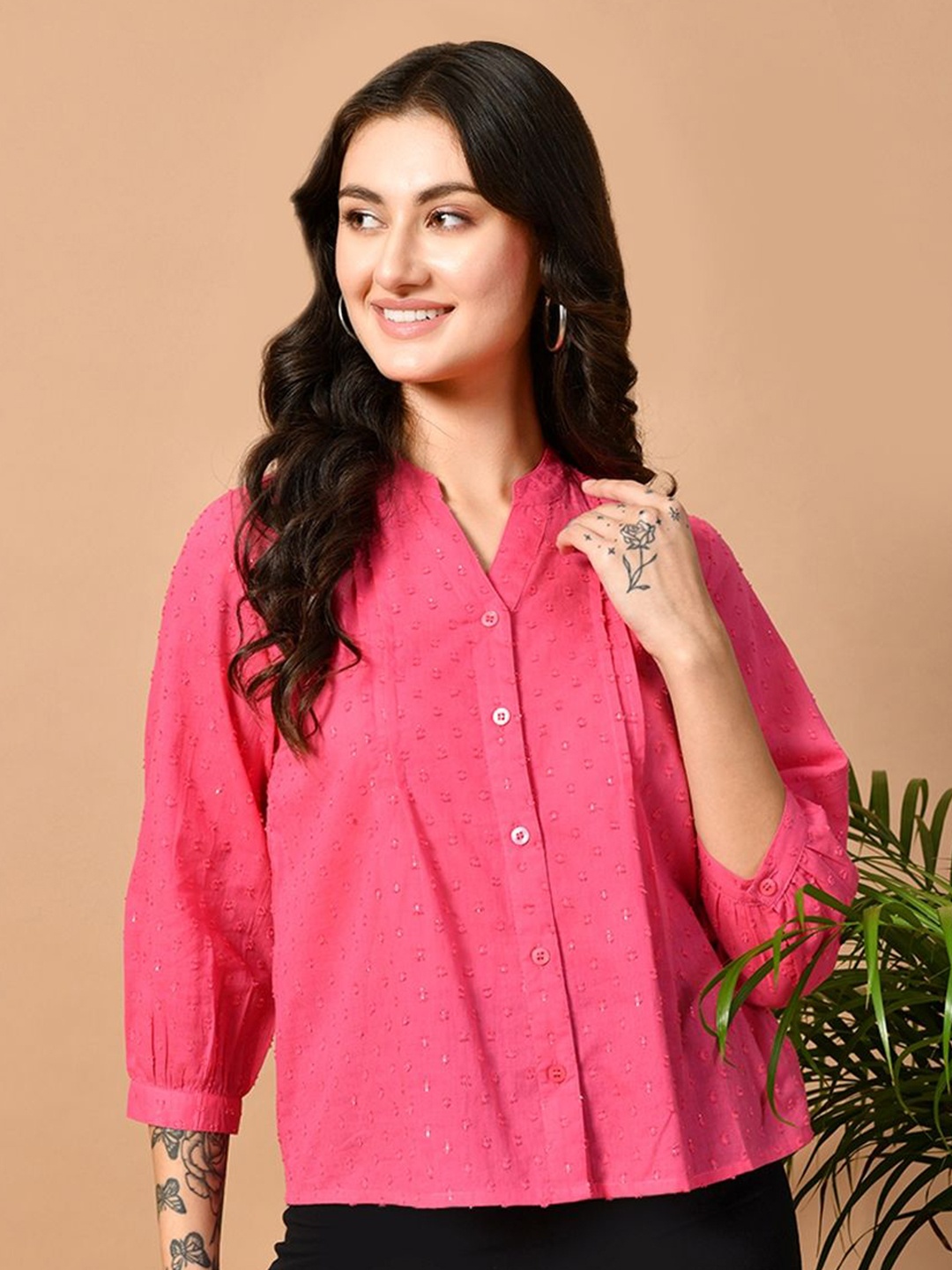 

PRETTY LOVING THING Women Cotton Self Design Shirt Style Top, Pink