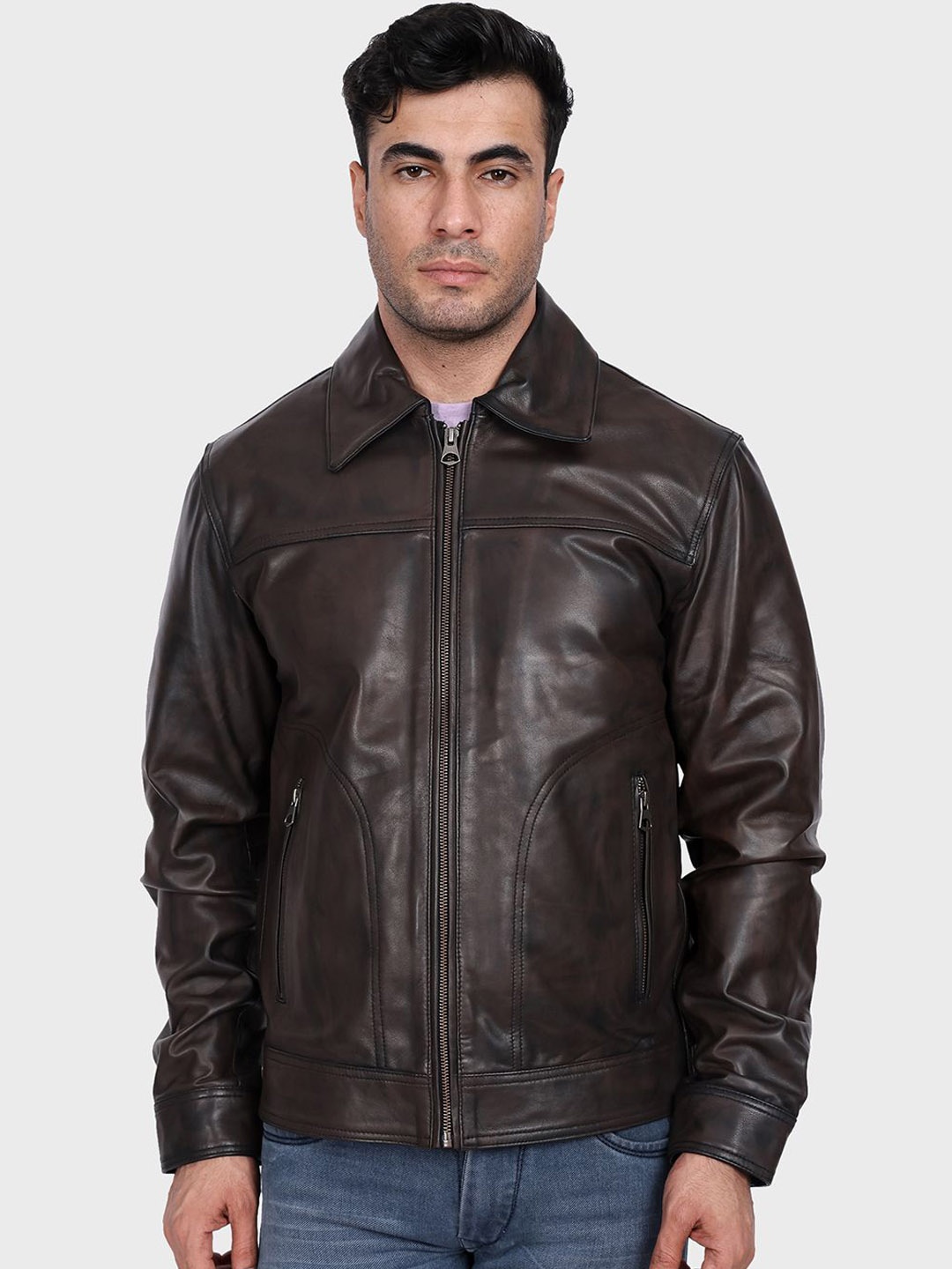 

Justanned Men Spread Collar Solid Leather Casual Leather Jacket, Brown