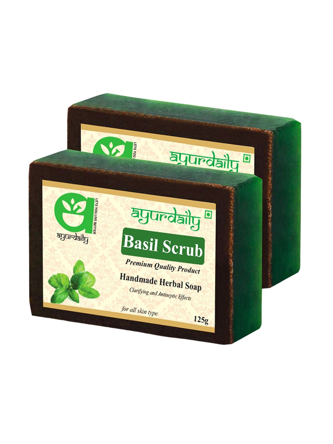 

Ayurdaily Set Of 2 Natural Basil Scrub Herbal Soap - 125 g Each, White