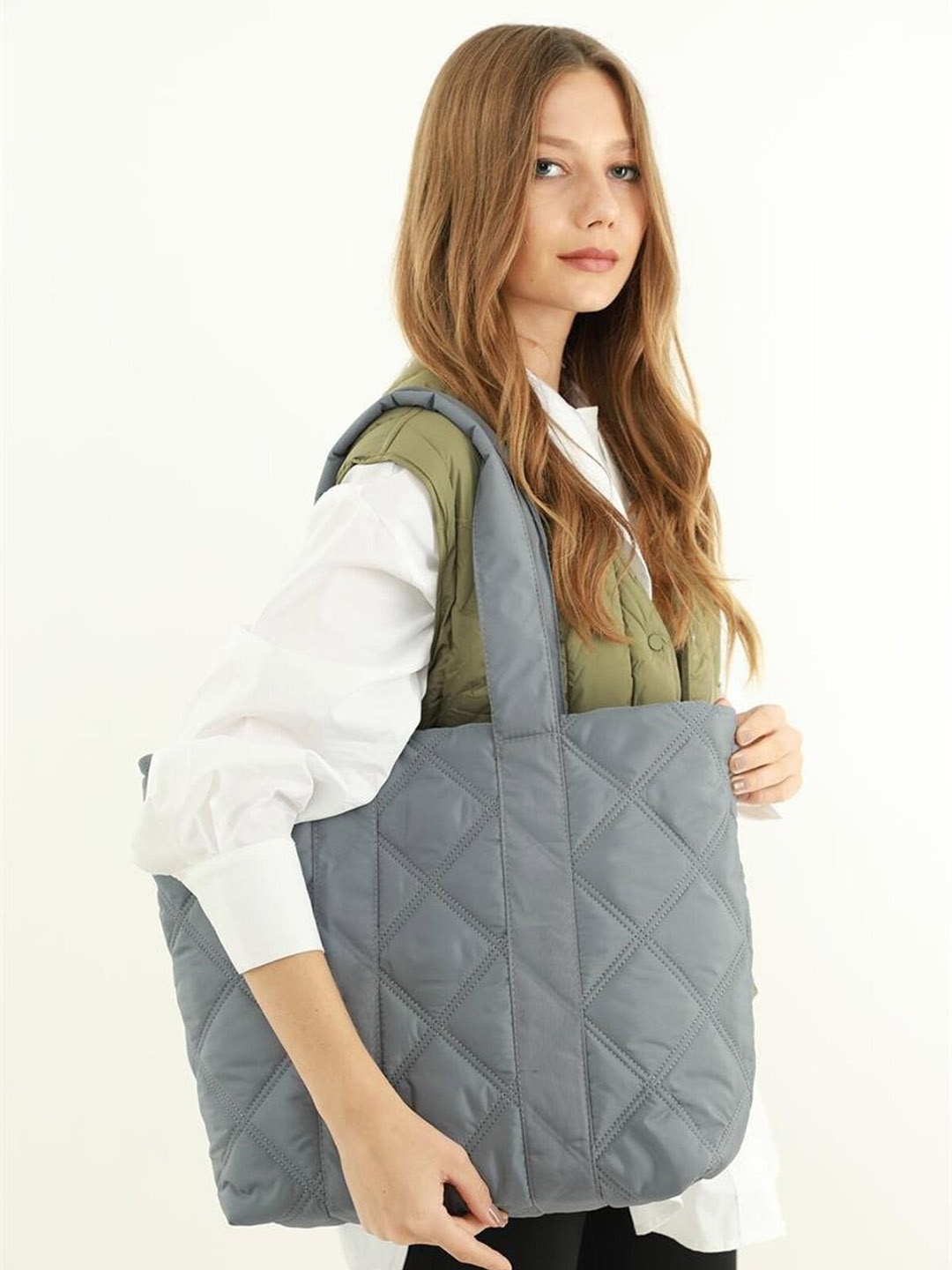 

madamra Women Oversized Quilted Tote Bag, Grey