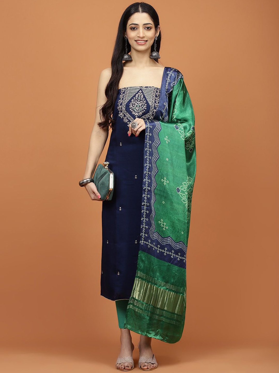 

Meena Bazaar Floral Embroidered Unstitched Dress Material, Navy blue