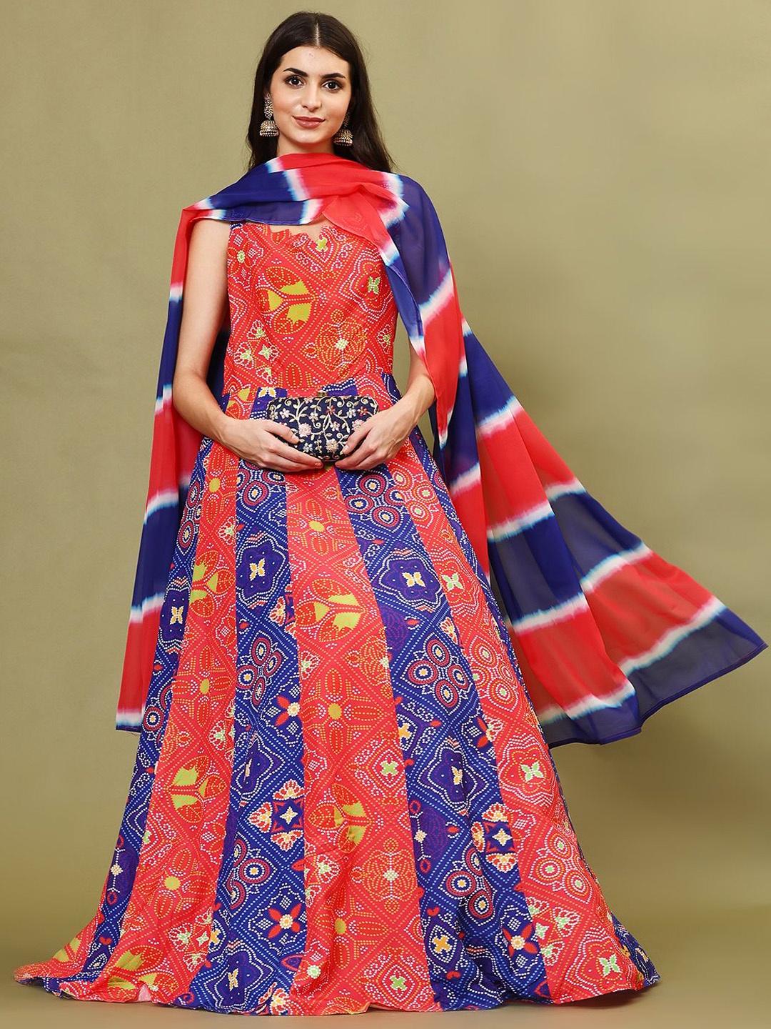 

Meena Bazaar Ethnic Motifs Printed Cotton Fit & Flared Maxi Dress With Dupatta, Red