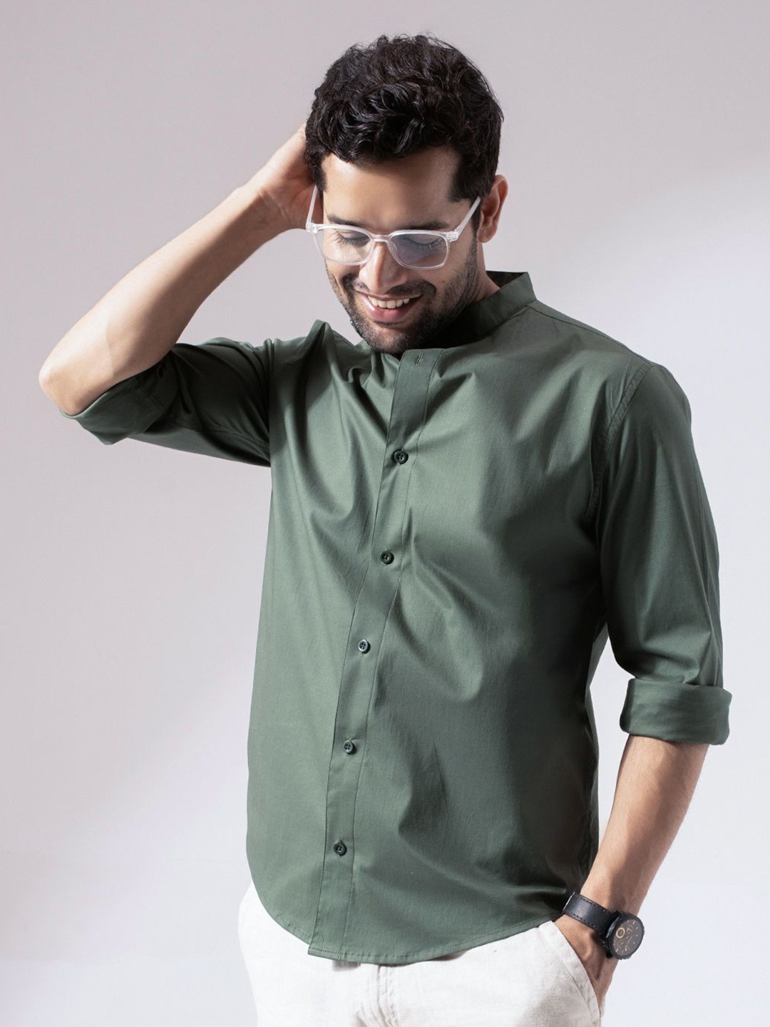 

Perch Men Emerald Green Band Collar Solid Cotton Shirt