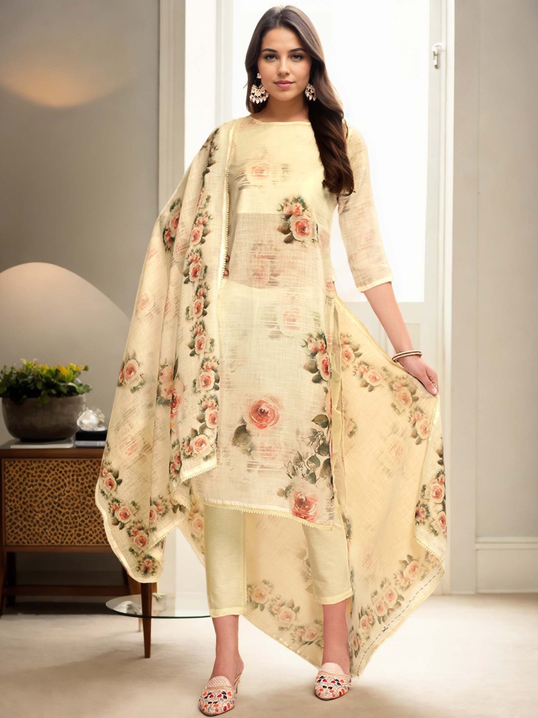 

Anouk Cream-Coloured Floral Printed Boat Neck Linen Straight Kurta With Trousers & Dupatta