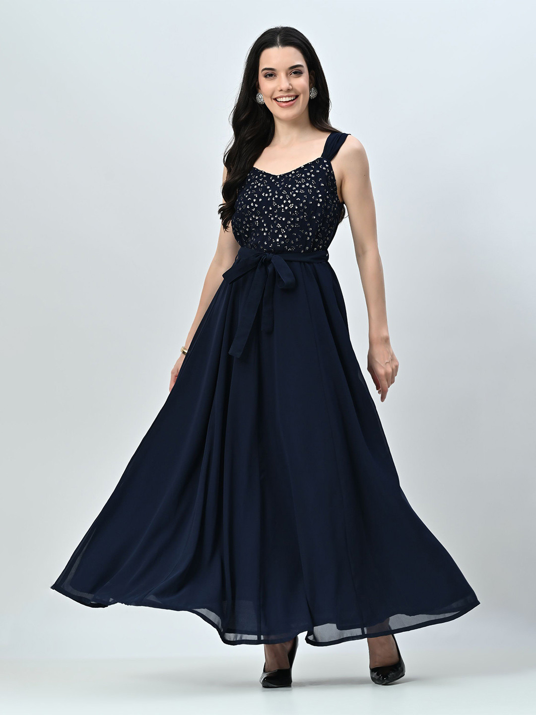 

ALL WAYS YOU Sequinced Tie-Ups Shoulder Straps Maxi Dress, Blue