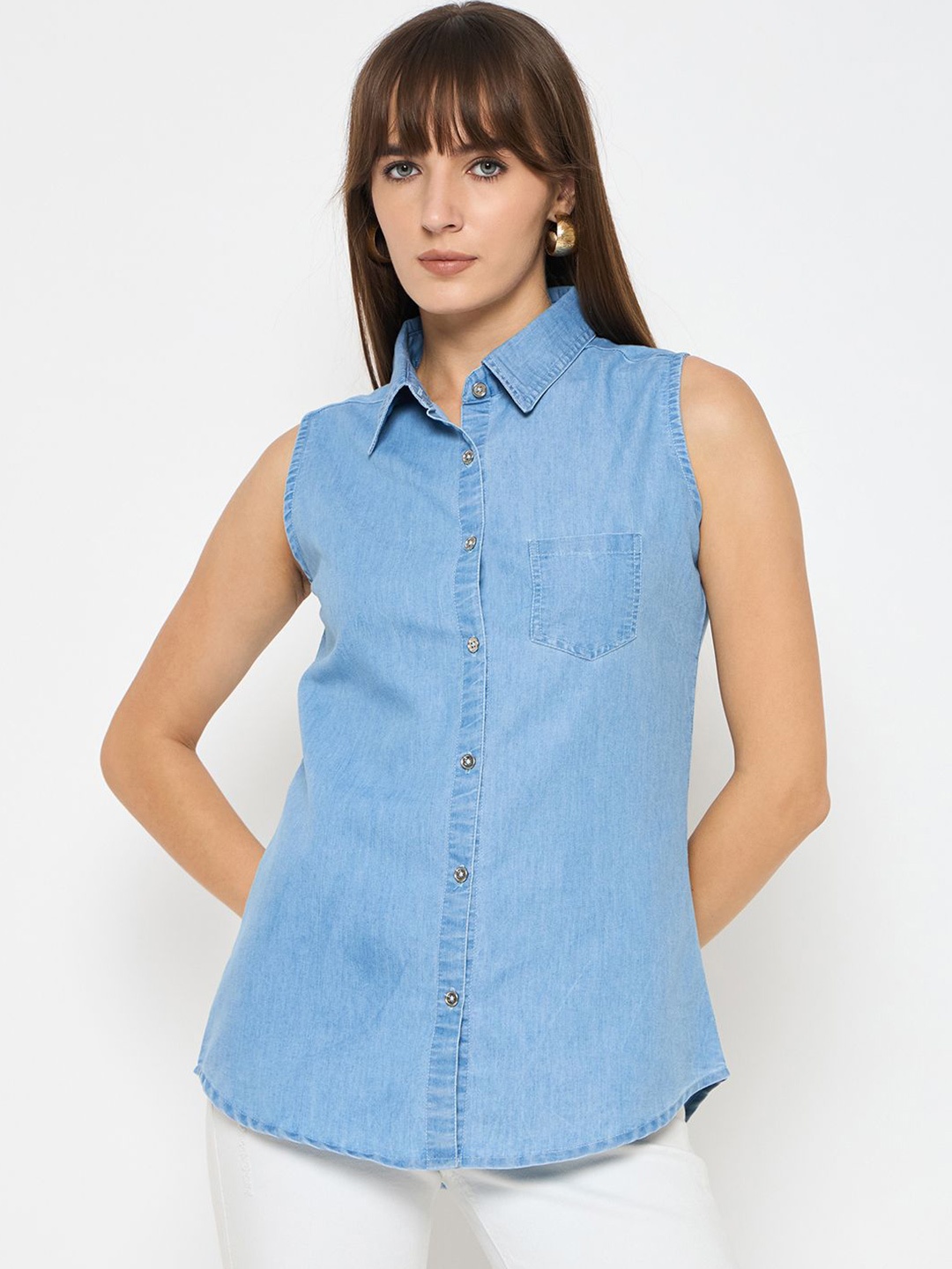 

Ruhaans Women Classic Spread Collar Solid Denim Casual Shirt, Blue