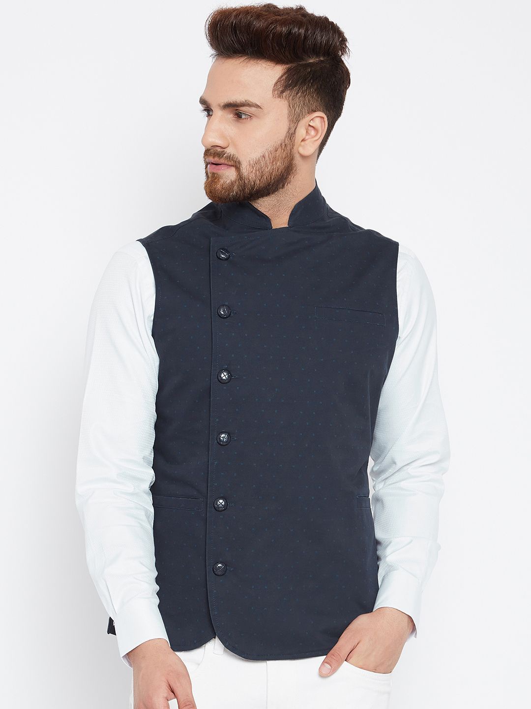 

Hypernation Mandarin Collar Pure Cotton Nehru Jacket, Navy blue