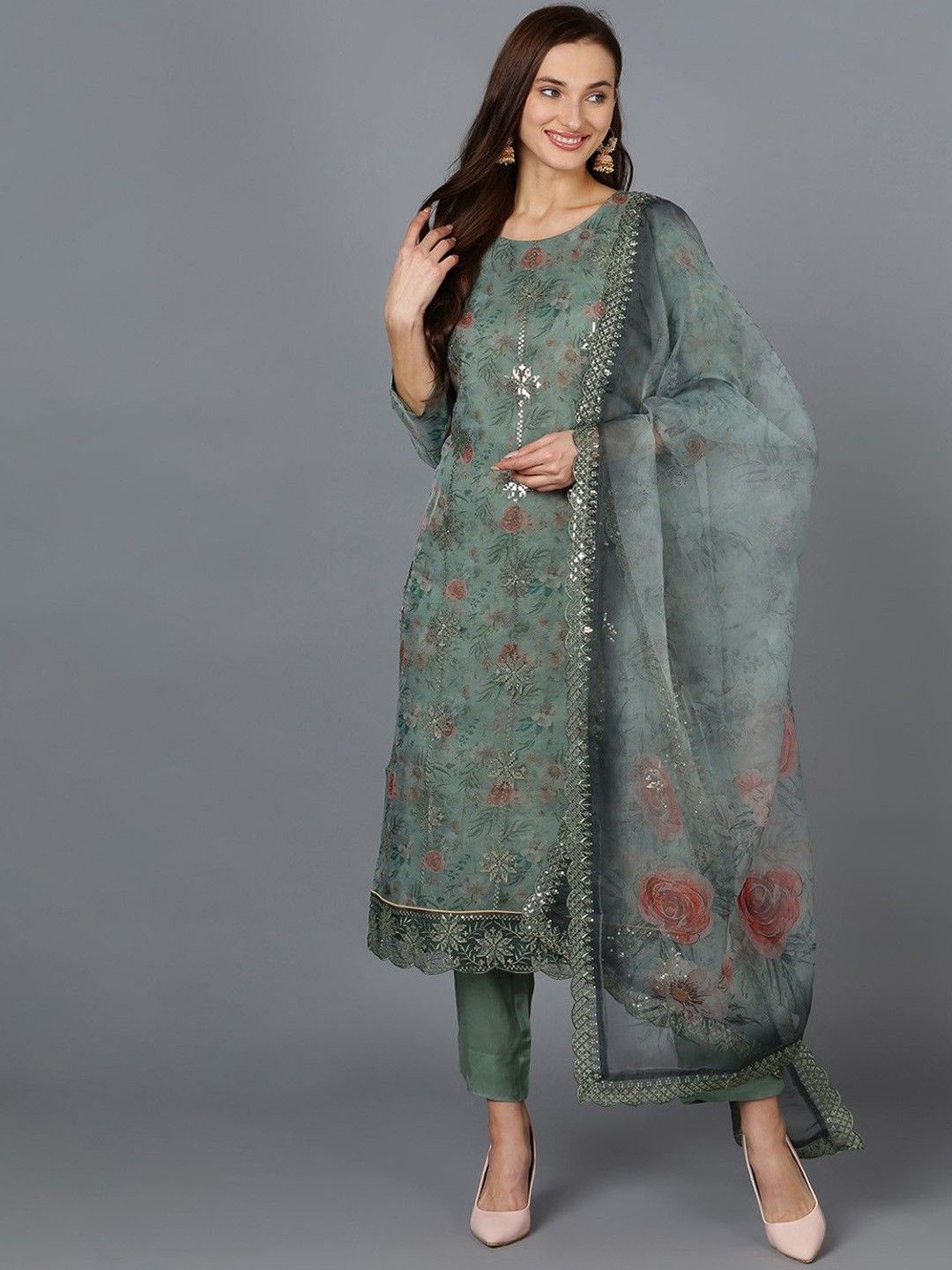 

KALINI Round neck Floral Printed Sequinned Organza Straight Kurta with Trouser & Dupatta, Green